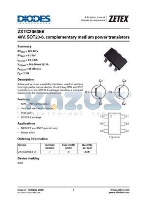 ZXTC2063E6TA datasheet - 40V, SOT23-6, complementary medium power transistors