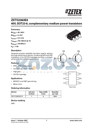 ZXTC2063E6 datasheet - 40V, SOT23-6, complementary medium power transistors