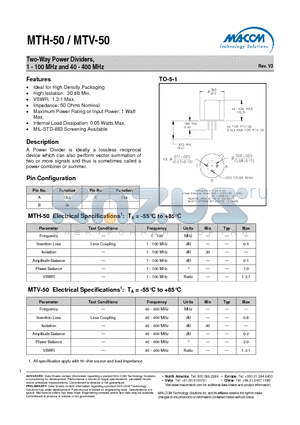 MTV-50 datasheet - Two-Way Power Dividers, 1 - 100 MHz and 40 - 400 MHz