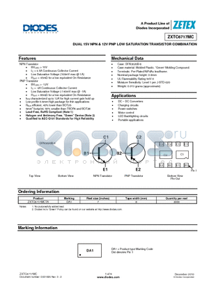 ZXTC6717MCTA datasheet - DUAL 15V NPN & 12V PNP LOW SATURATION TRANSISTOR COMBINATION