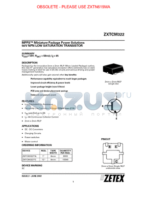 ZXTCM322 datasheet - MPPS Miniature Package Power Solutions 50V NPN LOW SATURATION TRANSISTOR