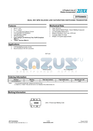 ZXTD2090E6TA datasheet - DUAL 50V NPN SILICON LOW SATURATION SWITCHING TRANSISTOR