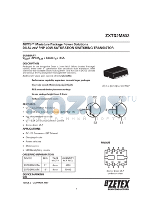 ZXTD2M832 datasheet - MPPS Miniature Package Power Solutions DUAL 20V PNP LOW SATURATION SWITCHING TRANSISTOR