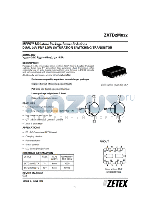 ZXTD2M832TA datasheet - MPPS Miniature Package Power Solutions DUAL 20V PNP LOW SATURATION SWITCHING TRANSISTOR