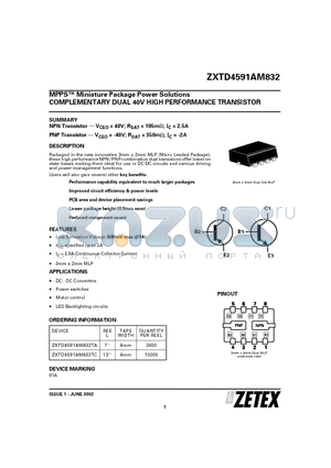 ZXTD4591AM832TA datasheet - COMPLEMENTARY DUAL 40V HIGH PERFORMANCE TRANSISTOR