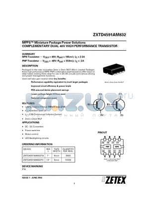 ZXTD4591AM832TC datasheet - COMPLEMENTARY DUAL 40V HIGH PERFORMANCE TRANSISTOR