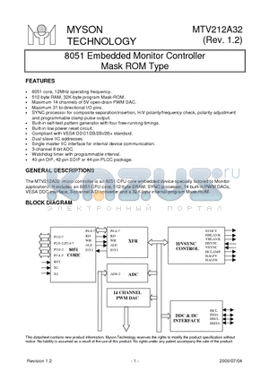 MTV212AV32 datasheet - 8051 Embedded Monitor Controller Mask ROM Type