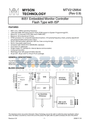 MTV212MN64 datasheet - 8051 Embedded Monitor Controller Flash Type with ISP