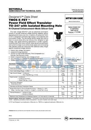 MTW10N100E datasheet - TMOS POWER FET 10 AMPERES 1000 VOLTS RDS(on) = 1.3 OHM