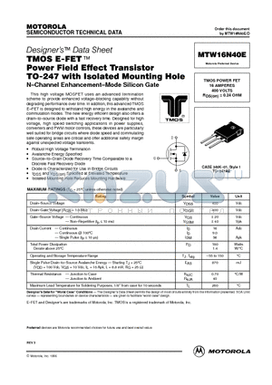 MTW16N40E datasheet - TMOS POWER FET 16 AMPERES 400 VOLTS RDS(on) = 0.24 OHM