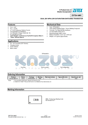 ZXTD618MCTA datasheet - DUAL 20V NPN LOW SATURATION SWITCHING TRANSISTOR