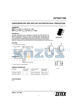 ZXTD6717E6TA datasheet - COMPLEMENTARY NPN/PNP LOW SATURATION DUAL TRANSISTORS