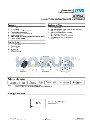 ZXTD720MC datasheet - DUAL 40V PNP LOW SATURATION SWITCHING TRANSISTOR