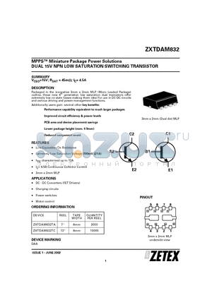 ZXTDAM832TA datasheet - MPPS Miniature Package Power Solutions DUAL 15V NPN LOW SATURATION SWITCHING TRANSISTOR