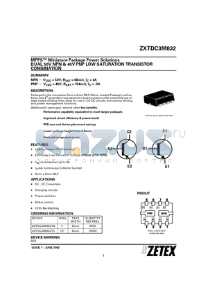 ZXTDC3M832TA datasheet - MPPS Miniature Package Power Solutions DUAL 50V NPN & 40V PNP LOW SATURATION TRANSISTOR COMBINATION