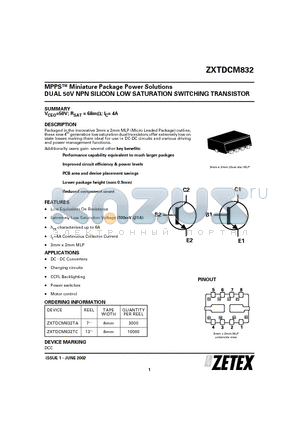 ZXTDCM832TA datasheet - MPPS Miniature Package Power Solutions DUAL 50V NPN SILICON LOW SATURATION SWITCHING TRANSISTOR