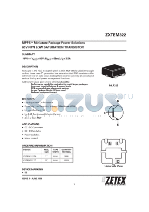 ZXTEM322 datasheet - MPPS Miniature Package Power Solutions 80V NPN LOW SATURATION TRANSISTOR