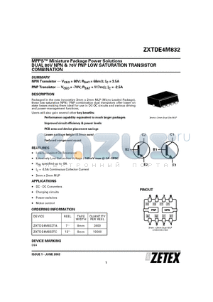 ZXTDE4M832TA datasheet - DUAL 80V NPN & 70V PNP LOW SATURATION TRANSISTOR COMBINATION