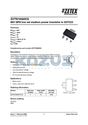 ZXTN19 datasheet - 60V NPN low sat medium power transistor