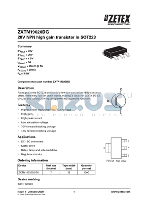 ZXTN19020DG datasheet - 20V NPN high gain transistor