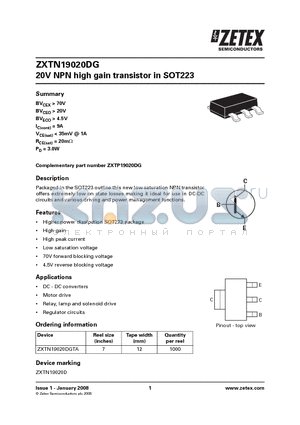 ZXTN19020DGTA datasheet - 20V NPN high gain transistor