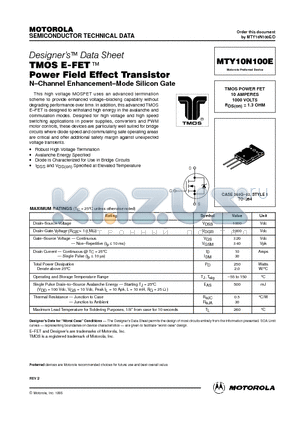 MTY10N100E datasheet - TMOS POWER FET 10 AMPERES 1000 VOLTS RDS(on) = 1.3 OHM