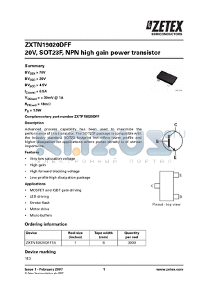 ZXTN19020DFF datasheet - 20V, SOT23F, NPN high gain power transistor