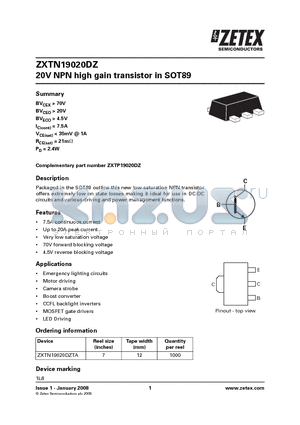 ZXTN19020DZTA datasheet - 20V NPN high gain transistor