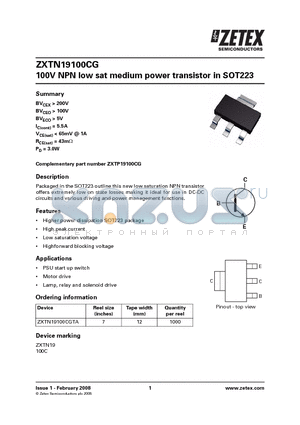 ZXTN19100CG datasheet - 100V NPN low sat medium power transistor in SOT223