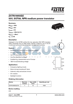 ZXTN19055DZTA datasheet - 55V, SOT89, NPN medium power transistor