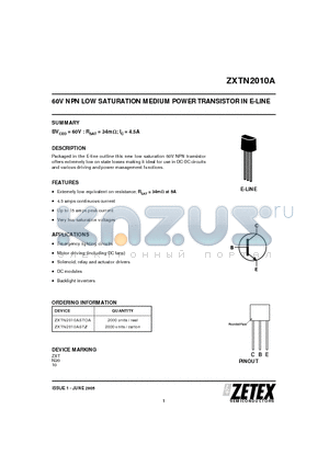 ZXTN2010A datasheet - 60V NPN LOW SATURATION MEDIUM POWER TRANSISTOR IN E-LINE