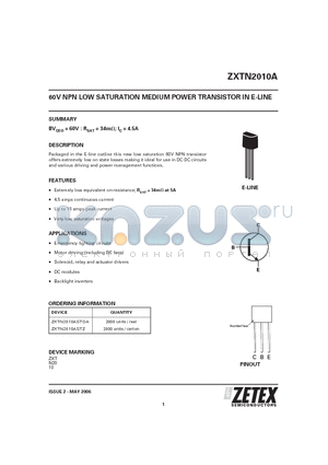 ZXTN2010ASTOA datasheet - 60V NPN LOW SATURATION MEDIUM POWER TRANSISTOR IN E-LINE