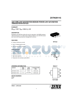 ZXTN2011G datasheet - 100V NPN LOW SATURATION MEDIUM POWER LOW SATURATION TRANSISTOR IN SOT223