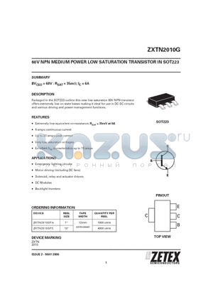 ZXTN2010GTC datasheet - 60V NPN MEDIUM POWER LOW SATURATION TRANSISTOR IN SOT223