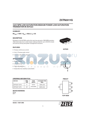 ZXTN2011G datasheet - 100V NPN LOW SATURATION MEDIUM POWER LOW SATURATION