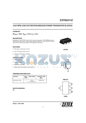 ZXTN2011Z datasheet - 100V NPN LOW SATURATION MEDIUM POWER TRANSISTOR IN SOT89