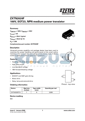 ZXTN2020F datasheet - 100V, SOT23, NPN medium power transistor