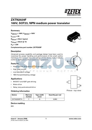 ZXTN2020FTA datasheet - 100V, SOT23, NPN medium power transistor