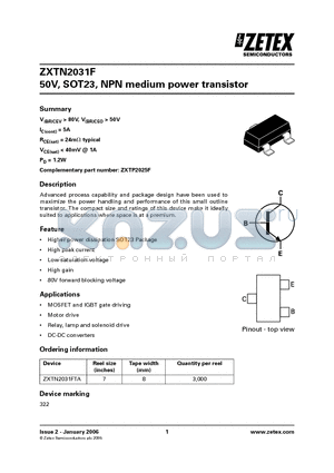 ZXTN2031FTA datasheet - 50V, SOT23, NPN medium power transistor