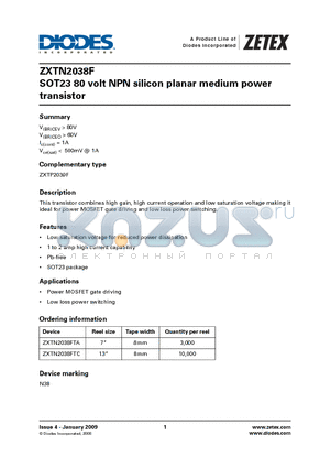 ZXTN2038FTA datasheet - SOT23 80 volt NPN silicon planar medium power