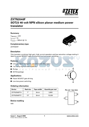 ZXTN2040F datasheet - SOT23 40 volt NPN silicon planar medium power transistor