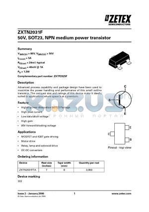 ZXTN2031F datasheet - 50V, SOT23, NPN medium power transistor