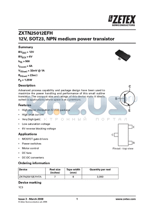 ZXTN25012EFH datasheet - 12V, SOT23, NPN medium power transistor