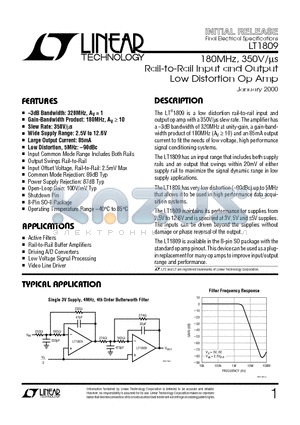 LT1809 datasheet - 180MHz, 350V/ms Rail-to-Rail Input and Output Low Distortion Op Amp