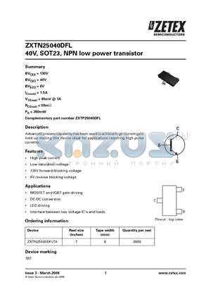 ZXTN25040DFL datasheet - 40V, SOT23, NPN low power transistor