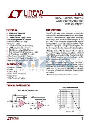 LT1812 datasheet - 3mA, 100MHz, 750V/us Operational Amplifier with Shutdown