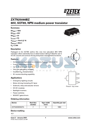 ZXTN25060BZ datasheet - 60V, SOT89, NPN medium power transistor