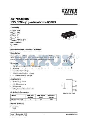 ZXTN25100DG datasheet - 100V NPN high gain transistor