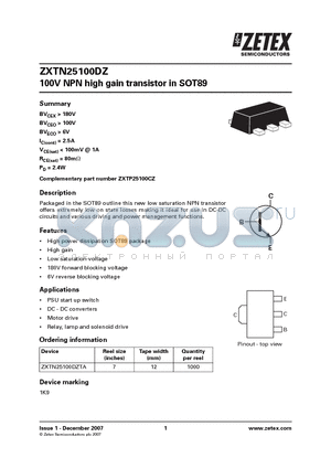 ZXTN25100DZTA datasheet - 100V NPN high gain transistor in SOT89