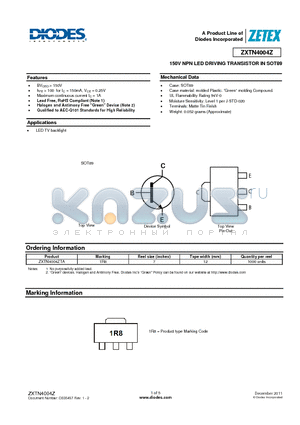 ZXTN4004Z datasheet - 150V NPN LED DRIVING TRANSISTOR IN SOT89